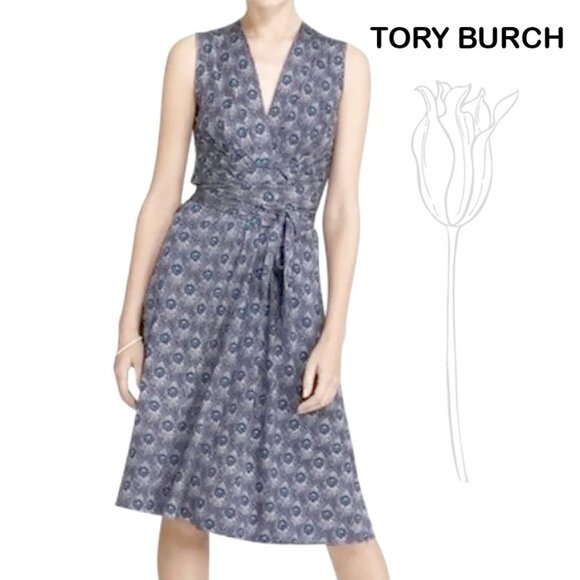 Tory Burch Theona Peacock Print Sleeveless Silk Faux Wrap Dress